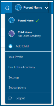 Click on the arrow in upper right corner to select child's name.